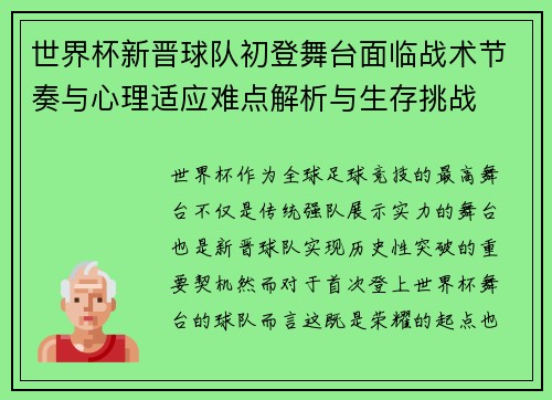 世界杯新晋球队初登舞台面临战术节奏与心理适应难点解析与生存挑战